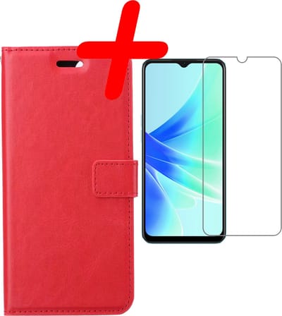 Hoesje Met Screenprotector - Geschikt voor OPPO A17 - Luxe Pasjeshouder - Bookcase Portemonee - Flip Case - Kunstleer Book Case - Flipcase - Book Cover - Walletcase - Portemonneehoes - Rood