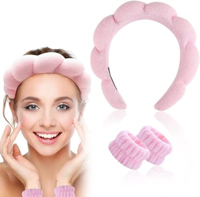 Verzorgingshoofdband en Polsband voor Vrouwen, Geschikt voor Bad en Make-up, Roze, Ideaal voor Huidverzorging en Make-up Sponzen