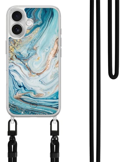 Hoesje met koord geschikt voor iPhone 16 - Marmer blauw goud - Inclusief zwart koord - Crossbody beschermhoes - Transparant, Blauw, Goud - Mooie Telefoonhoesjes