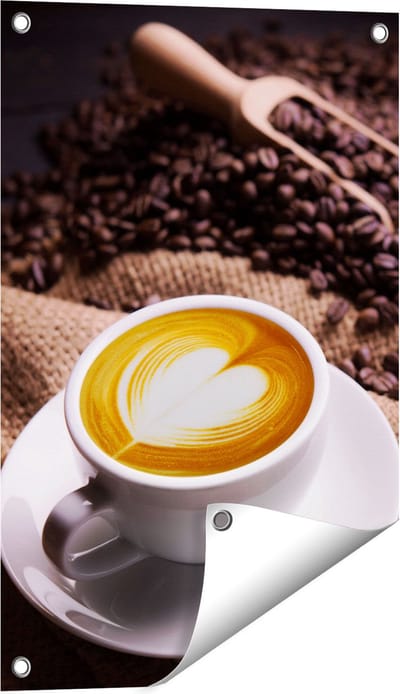 Gards Tuinposter Kopje Koffie in een Hartje met Koffiebonen - 40x60 cm - Tuindoek - Tuindecoratie - Wanddecoratie buiten - Tuinschilderij