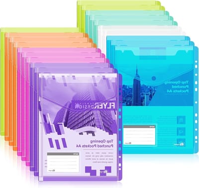 20 Stuks A4 Doorzichtige Perforated Tassen, Kleurige Documentenfolders met Labels, Ideaal voor Organisatie en Archivering