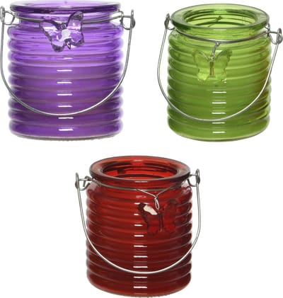 Citronella windlicht met kaars - 3x - paars/groen en rood - 20 branduren - citrusgeur