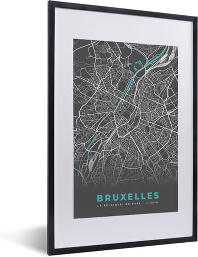 Fotolijst incl. Poster - Kaart – Plattegrond – Stadskaart – Bruxelles – België - Grijs - 40x60 cm - Posterlijst