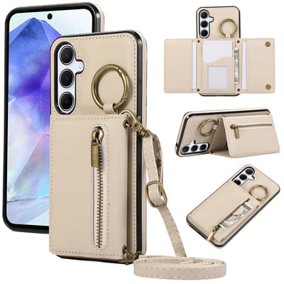 Telefoonhoesje geschikt voor Samsung Galaxy A57 5G - beige - hoesje met koord en rits - portemonnee wallet back case hoesje met rits - telefoonhoesje - hoesje met koord te gebruiken als draagtasje - back case