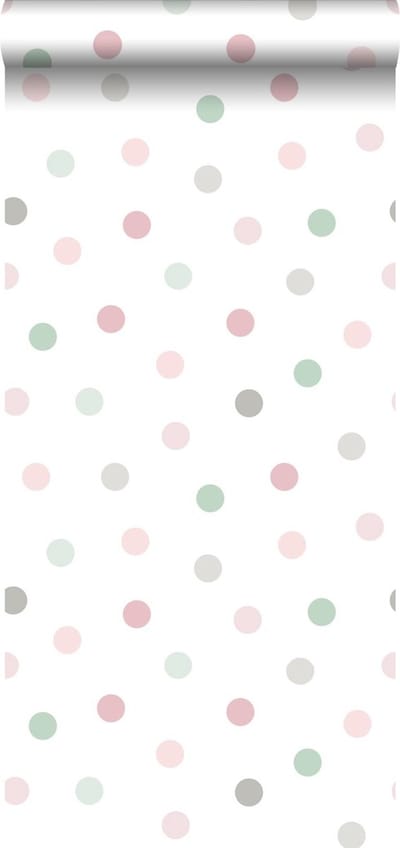 ESTAhome behang stippen roze, groen en grijs - 53 cm x 10.05 m - 139040