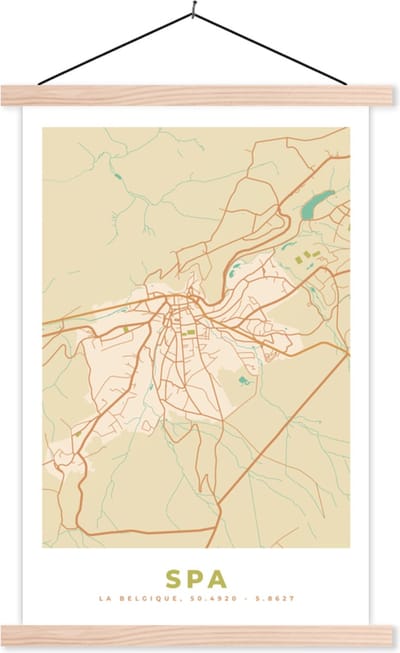 Posterhanger incl. Poster 40x60 cm - Schoolplaat - Spa - Kaart - België - Stadskaart - Plattegrond - Textielposter - Blanke latten - Stadskaart