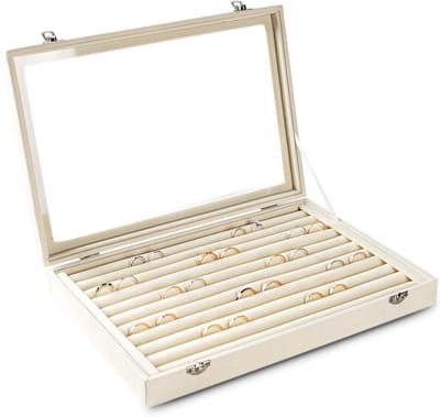 Ringen en Oorbellen Organizer met Duidelijk Deksel - 10 Vakjes, Fluwelen Lade-insert voor Sieradenopslag en Presentatie, Perfect Cadeau voor Vrouwen (Beige)