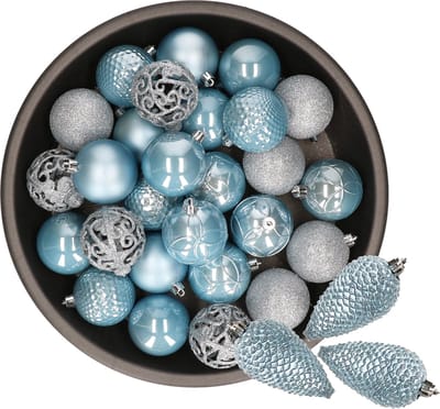 Decoris Kerstballen en dennenappel ornamenten - 43x stuks - kunststof - lichtblauw