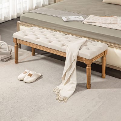 OKWISH Bedbank 120 x 41 x 48 cm - Zachte Polsterbank Met Knopen En Houten Poten - Voor Slaapkamer Woonkamer Of Hal - Polyester - Crèmewit