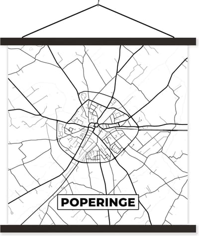 Posterhanger incl. Poster 60x60 cm - Schoolplaat - België – Poperinge – Stadskaart – Kaart – Zwart Wit – Plattegrond - Textielposter - Zwarte latten - Stadskaart