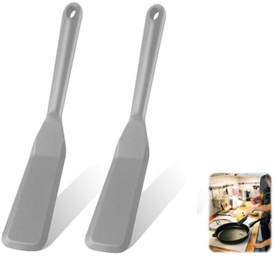 KZQ siliconen spatel - Hittebestendige, antiaanbak kookspatel met een lange, flexibele steel - geschikt voor omeletten, pannenkoeken, eieren en biefstukken - 2-pack, 5 x 25,25cm, grijs