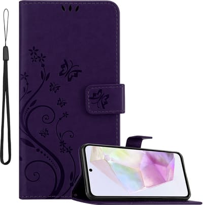 Cadorabo Hoesje geschikt voor Samsung Galaxy A35 in BLOEMEN DONKER PAARS - Beschermhoes in bloemmotief met magnetische sluiting, standfunctie en kaartsleuven Book Case Cover Etui