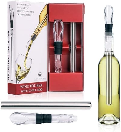 Wijnkoeler - Wijnkoeler Stick - 3-in-1 Wijnkoeler van Roestvrij Staal - Snel Wijnkoelstaaf zonder Ijs - Wijnbeluchter en Schenkstop - Incl. Cadeauverpakking - Rood - Zonder stop
