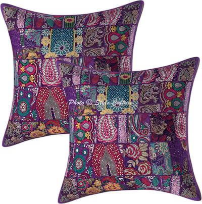 Set van 2 Boheemse Patchwork Kussenhoezen 60x60 cm - Vintage Geborduurde Katoenen Sierkussens