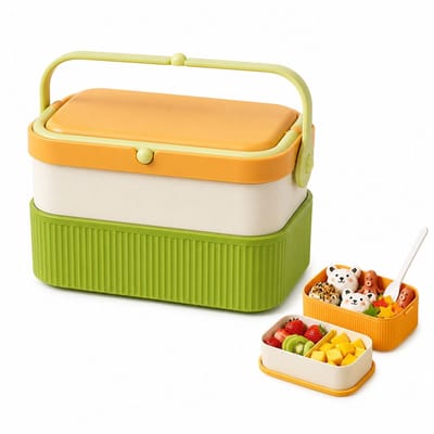 VHV-Bento Lunchbox Dubbellaags - Draagbare Lunchtrommel met Handvat - Lekvrije Maaltijdbox voor Werk en School - Inclusief Bestek - BPA-vrij PP