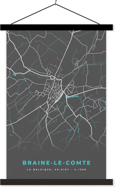 Posterhanger incl. Poster 40x60 cm - Schoolplaat - België – Braine le Comte – Stadskaart – Kaart – Blauw – Plattegrond - Textielposter - Zwarte latten - Stadskaart