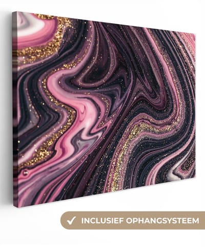 Canvas schilderij 40x30 cm - Wanddecoratie Marmerlook - Roze - Paars - Goud - Luxe - Marmer - Muurdecoratie woonkamer - Slaapkamer decoratie - Kamer accessoires - Schilderijen op canvas