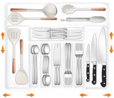 Stekkerdoos voor laden, uitbreidbare grote bestekbak voor de keuken, verstelbaar bestekbak voor laden, kunststof keukenaccessoires, scheidingsinzetstuk, groot (doorzichtig wit)