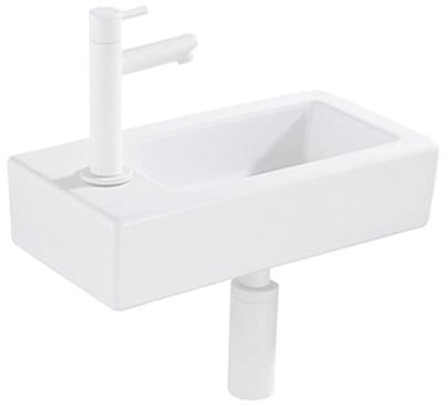 QeramiQ Fuente Fonteinset - 37.5x18.5x9cm - keramiek - kraangat links - fonteinkraan zwart mat - afvoerplug - verlaagd sifon - Glans wit
