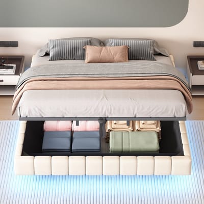 Gestoffeerd bed 180x200 cm - met opbergruimte zwevend bedframe - met LED-verlichting - zonder rugleuning tweepersoonsbed - beige - zonder matras
