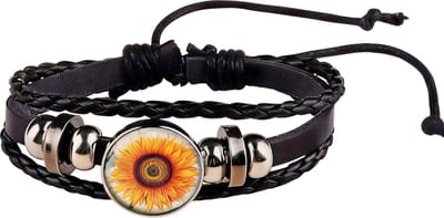 Wit Zonnebloem Gevlochten Kunstleren Armband – Modieuze Armband met Glazen Drukknoop – Verstelbare Armband voor Dames en Meisjes – Stijlvol Bloemdesign