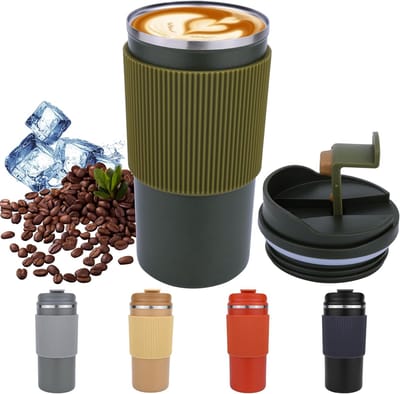 Thermosbeker - Koffiebeker To Go - Travel Mug voor Koffie en Thee - Theebeker - 480 ML - RVS - Olijfgroen - lekvrije Koffiebeker - makkelijk reinigen - Met Deksel - Voor Onderweg Kantoor en Auto