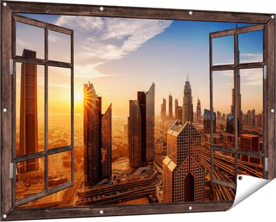 Gards Tuinposter Doorkijk Dubai Stad bij Zonsopgang - 150x100 cm - Tuindoek - Tuindecoratie - Wanddecoratie buiten - Tuinschilderij