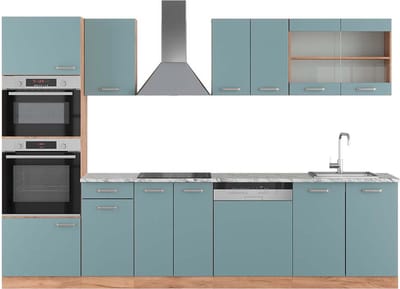Vicco R-Line Complete keukeneenheid – 300 cm met hoge kast, WB Marmer Blauw-grijs/gouden eik