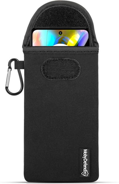 MobyDefend Hoesje - Geschikt voor Motorola Moto G82 - Neopreen Pouch Met Karabijnhaak - Insteek - Riemlus - Zwart