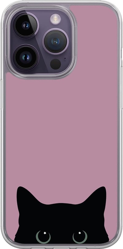 Hybride hoesje geschikt voor iPhone 14 Pro - Zwarte kat - Extra bescherming - Luxe beschermhoes - TPU case - Transparant, Roze - Mooie Telefoonhoesjes