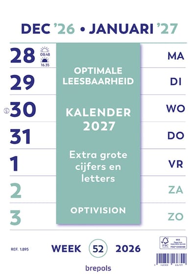 Brepols Optivision NL Kalender 2027 - Grote cijfers & letters - Wire-O - A4 - 21 x 29,7 cm