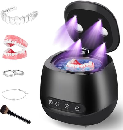 Ultrasone reiniger - Ultrasone tandreiniger - 48 kHz reinigingskamer - Draagbaar 160 ml - Reiniging van gebitsprothesen en kunstgebitten - Geschikt voor kunstgebitten, sportbitjes, beugels, aligners, tandenborstels en sieraden - Zwart