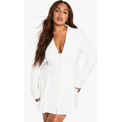 boohoo Dames Plus Op Maat Gemaakte Blazerjurk met Haak-en-Oog Detail en Getailleerde Taille | Wit | Maat: 48