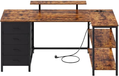 VASAGLE - Bureau - L-vormig Hoekbureau met Stopcontacten - Verstelbare Planken - 4 Lades - 2 USB-poorten