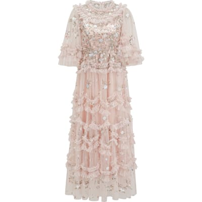 Roze Jurk Kleine Bloemen Geborduurde Mesh Jurk Gastheer Banket Avondjurk M