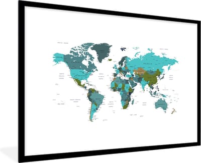 Poster in lijst - Fotolijst 120x80 cm - Posters - Wereldkaart - Topografie - Blauw - Posterlijst zwart - Decoratie - Wanddecoratie woonkamer - Muurdecoratie slaapkamer