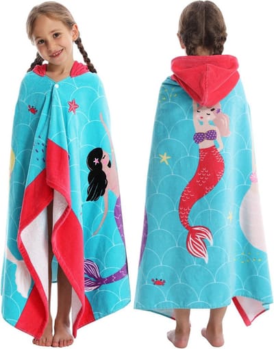 SnelShoppen - Kinderen Badcape met Kap, 100% Katoen, Zacht en Absorberend, Badhanddoek / Badjas voor Jongens en Meisjes, XL 76.2 x 128 cm, Zeemeermin