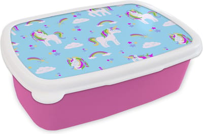Broodtrommel Roze - Lunchbox - Brooddoos - Unicorn - Regenboog - Patronen - Kind - 18x12x6 cm - Kinderen - Meisje