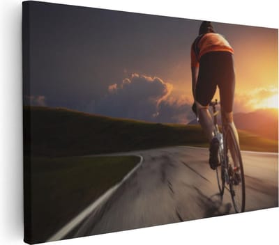 Artaza Canvas Schilderij Fiets - 30x20 cm - Klein - Wanddecoratie Zon - Muurdecoratie Bergen - Schilderijen Op Canvas
