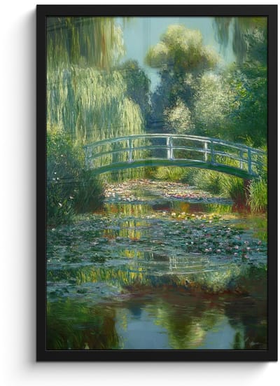 Poster in lijst - Fotolijst 40x60 cm - Posters - Brug - Hout - Vijver - Waterlelies - Posterlijst zwart - Decoratie - Wanddecoratie woonkamer - Muurdecoratie slaapkamer