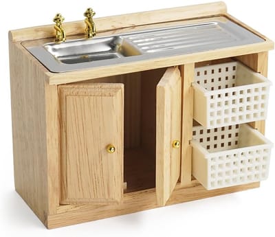 Poppenhuis Gootsteenkast - Miniatuur Keukenmeubel - Poppenhuis Decoratie - Rustieke Houten Afwerking - 10.4 x 5.2 x 7.8 cm - Houtkleur