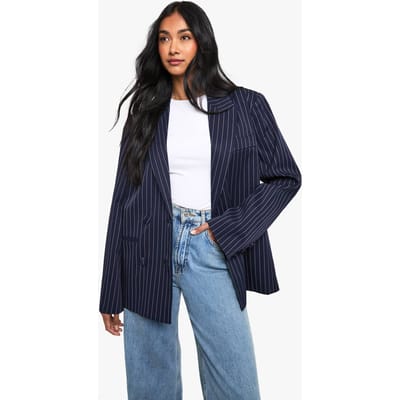 boohoo Dames Fijn gestreepte dubbelrevers oversized getailleerde blazer | Marineblauw | Maat: 36