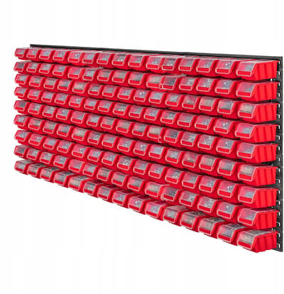 KADAX Gereedschapswandrek, groot, 174 x 78 cm, opslagsysteem van robuust kunststof, uv-bestendig modulesysteem, uitbreidbare wandplaten, werkplaatsrek voor garage (rood, 135 stuks)