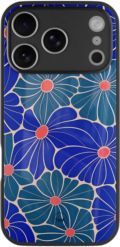 Hoesje geschikt voor Apple iPhone 17 Pro - Indigo bloemen - Bruin - TPU luxe case (glossy toplaag) - Print - Hardcase backcover zwart