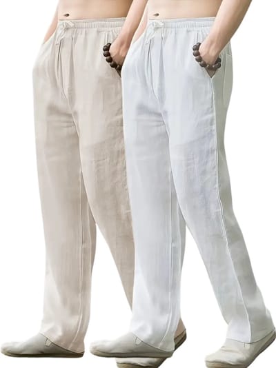 Livano Linnen Broek Heren - Zomerbroek - Volwassenen - Lange Broek - Pantalon - Strandbroek - Zomer - Ibiza Stijl - 2 Stuks Beige & Wit - Maat S