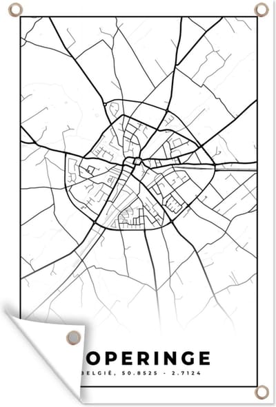 Muurdecoratie België – Poperinge – Stadskaart – Kaart – Zwart Wit – Plattegrond - 120x180 cm - Tuinposter - Tuindoek