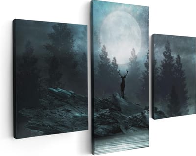 Artaza Canvas Schilderij Drieluik Hert Op Een Rots Tijdens Volle Maan - 90x60 - Foto Op Canvas - Canvas Print
