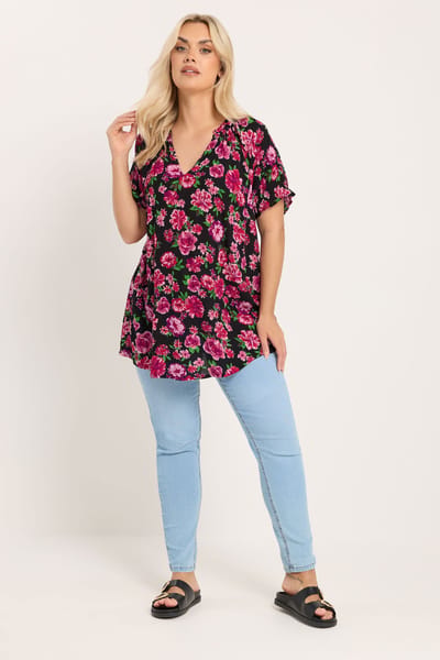Yours Zwart En Roze Blouse Met Bloemenprint En Inkeping In De Hals Size 44