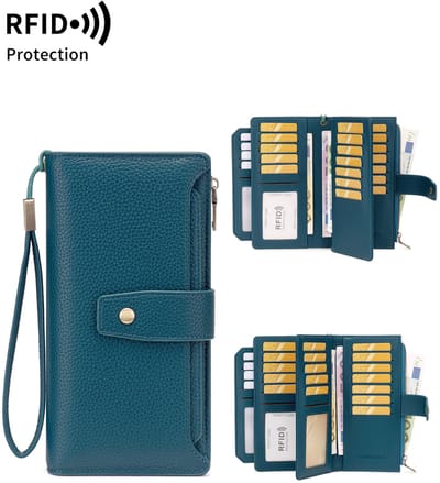 RFID Creditcardhouder - Mannen en Vrouwen Portemonnee met Kaarthouder RFID Kaarthouder -Damesportemonnee van echt leer -Drievoudige portemonnee met meerdere kaartsleuven - creditcardportemonnee - clutch - pauwblauw