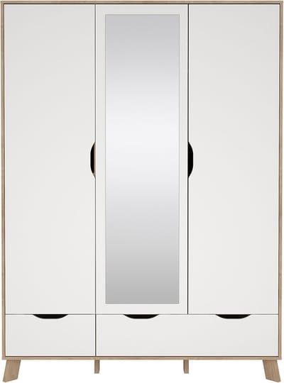 Ikast kledingkast 201x148x58cm, 2 deuren, 1 spiegeldeur, 2 lades eiken decor, wit.
